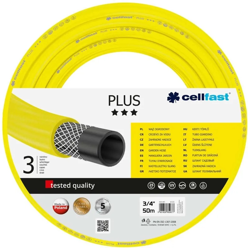 Bezpieczna płatność Wąż ogrodowy do nawadniania 3/4" 50 m 3-warstwowy PLUS Cellfast 10-221